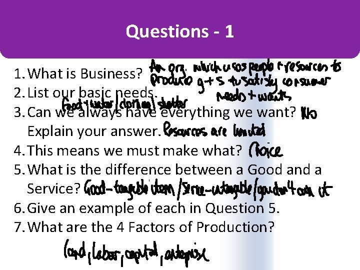 Questions - 1 1. What is Business? 2. List our basic needs. 3. Can