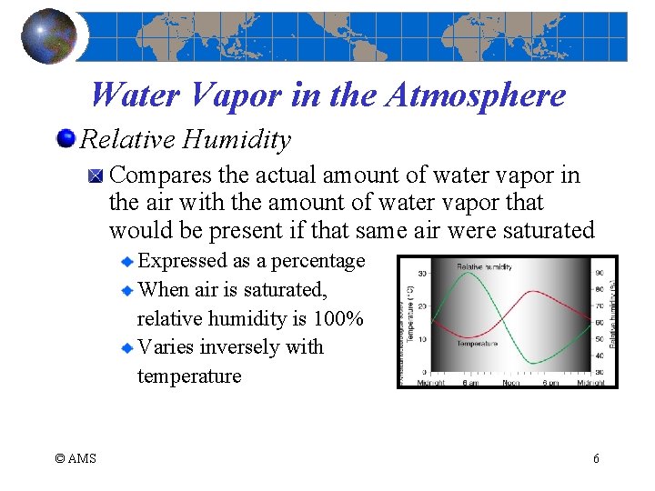 Water Vapor in the Atmosphere Relative Humidity Compares the actual amount of water vapor