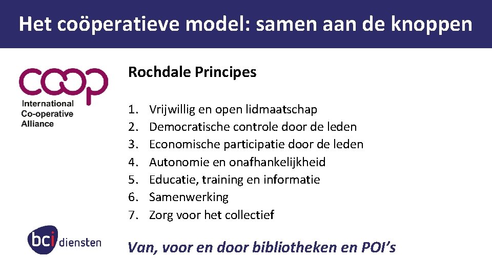 Het coöperatieve model: samen aan de knoppen Rochdale Principes 1. 2. 3. 4. 5.