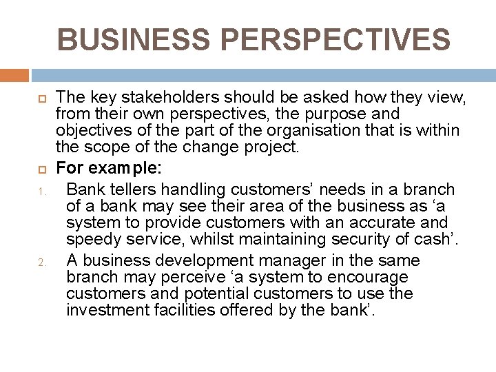 BUSINESS PERSPECTIVES 1. 2. The key stakeholders should be asked how they view, from