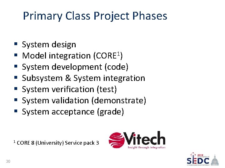 Primary Class Project Phases § § § § 1 30 System design Model integration