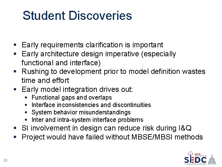 Student Discoveries § Early requirements clarification is important § Early architecture design imperative (especially