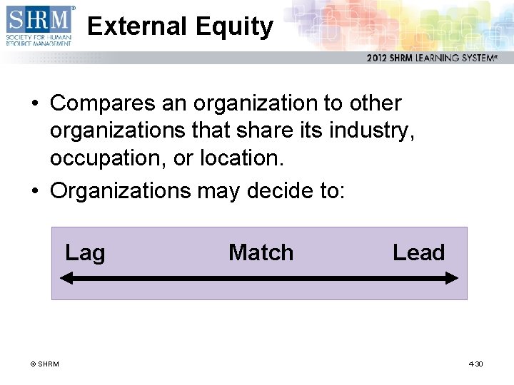 External Equity • Compares an organization to other organizations that share its industry, occupation,