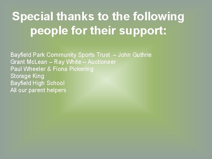 Special thanks to the following people for their support: Bayfield Park Community Sports Trust