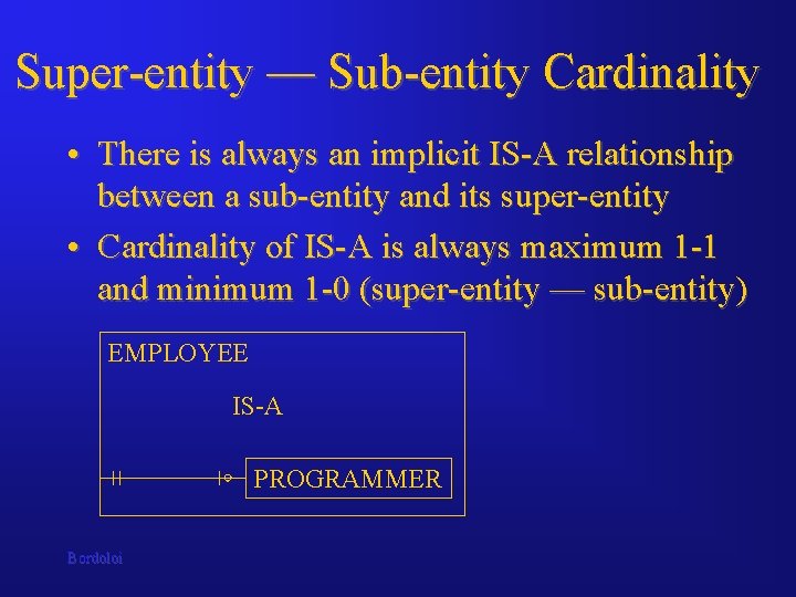 Super-entity — Sub-entity Cardinality • There is always an implicit IS-A relationship between a