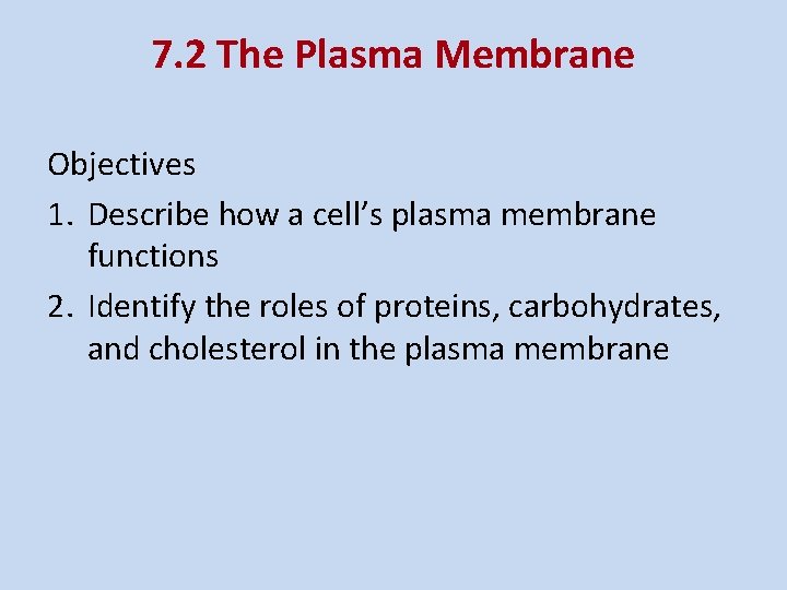 7. 2 The Plasma Membrane Objectives 1. Describe how a cell’s plasma membrane functions