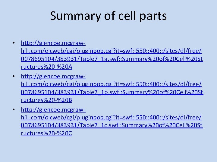 Summary of cell parts • http: //glencoe. mcgrawhill. com/olcweb/cgi/pluginpop. cgi? it=swf: : 550: :