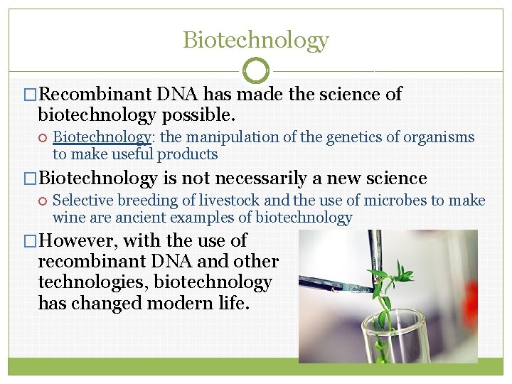 Biotechnology �Recombinant DNA has made the science of biotechnology possible. Biotechnology: the manipulation of