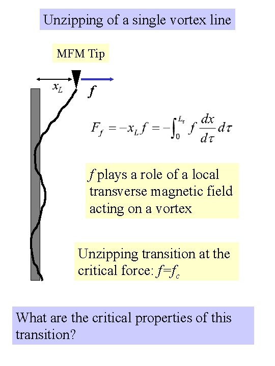 Unzipping of a single vortex line MFM Tip x. L f f plays a