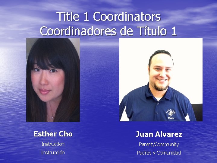 Title 1 Coordinators Coordinadores de Título 1 Esther Cho Juan Alvarez Instruction Parent/Community Instrucción