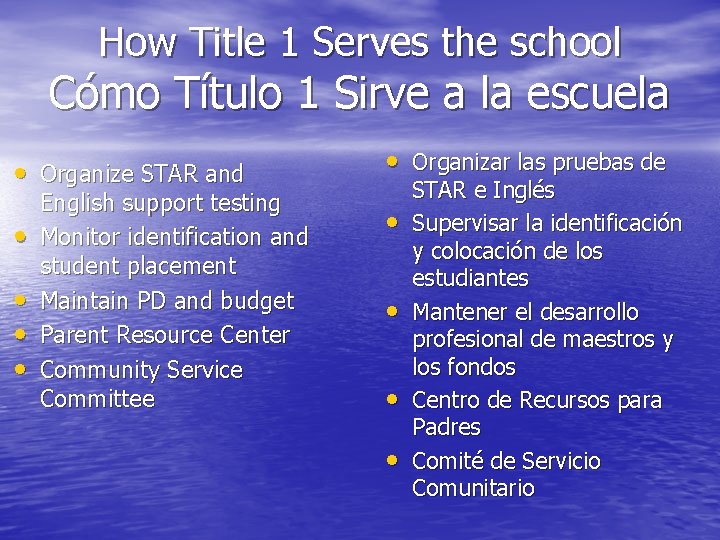 How Title 1 Serves the school Cómo Título 1 Sirve a la escuela •