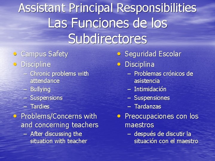 Assistant Principal Responsibilities Las Funciones de los Subdirectores • Campus Safety • Discipline –
