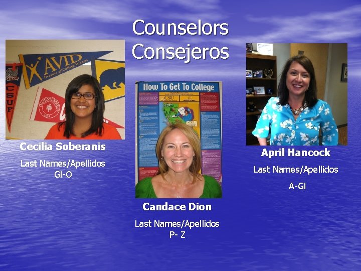 Counselors Consejeros Cecilia Soberanis April Hancock Last Names/Apellidos Gl-O Last Names/Apellidos A-Gi Candace Dion