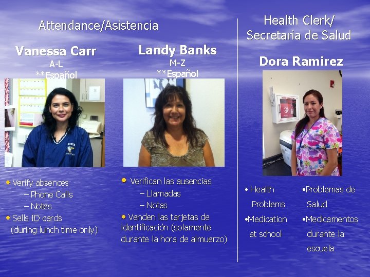 Attendance/Asistencia Vanessa Carr A-L **Español Landy Banks M-Z **Español • Verify absences • Verifican