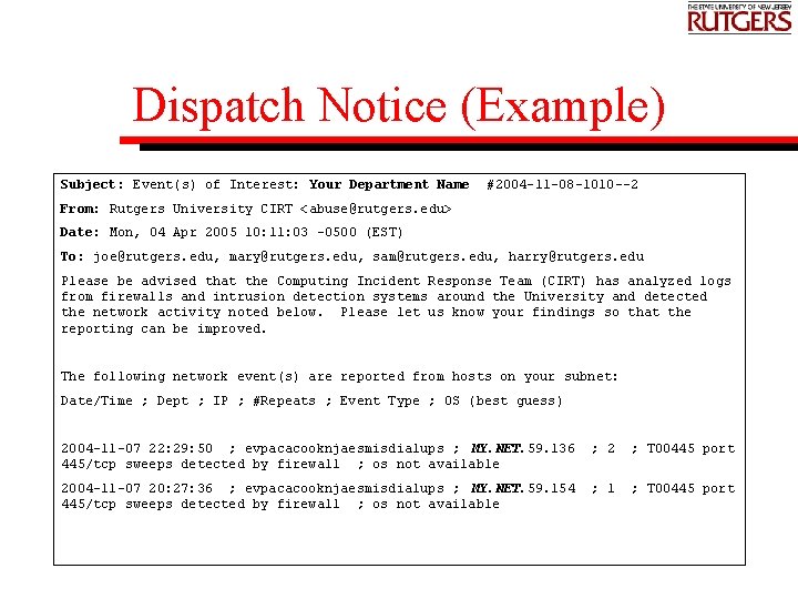 Dispatch Notice (Example) Subject: Event(s) of Interest: Your Department Name #2004 -11 -08 -1010