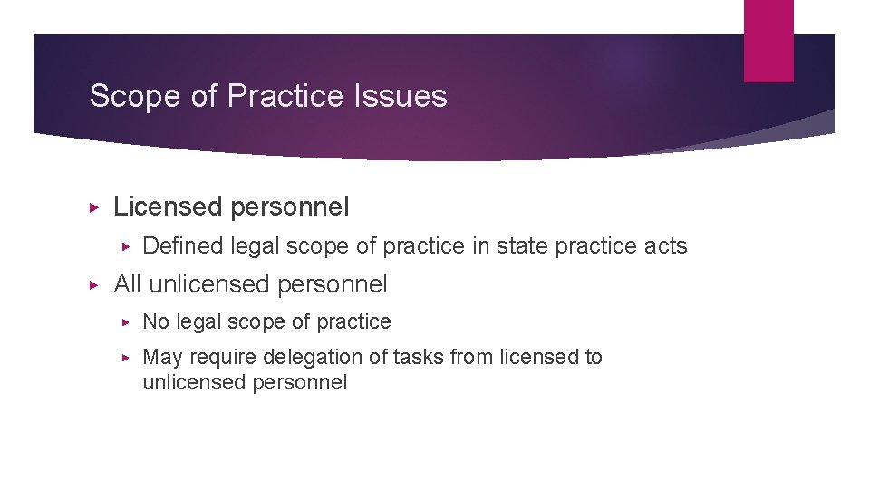 Scope of Practice Issues ▶ Licensed personnel ▶ ▶ Defined legal scope of practice
