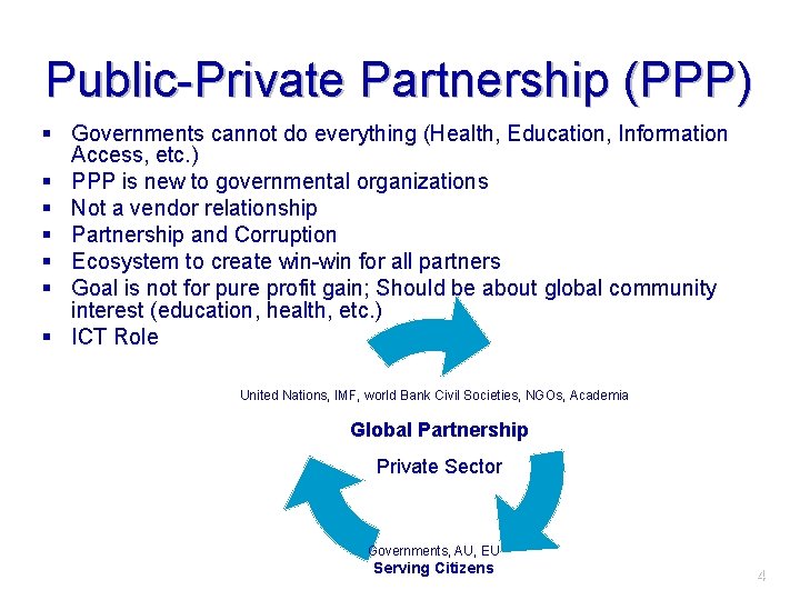 Public-Private Partnership (PPP) § Governments cannot do everything (Health, Education, Information Access, etc. )