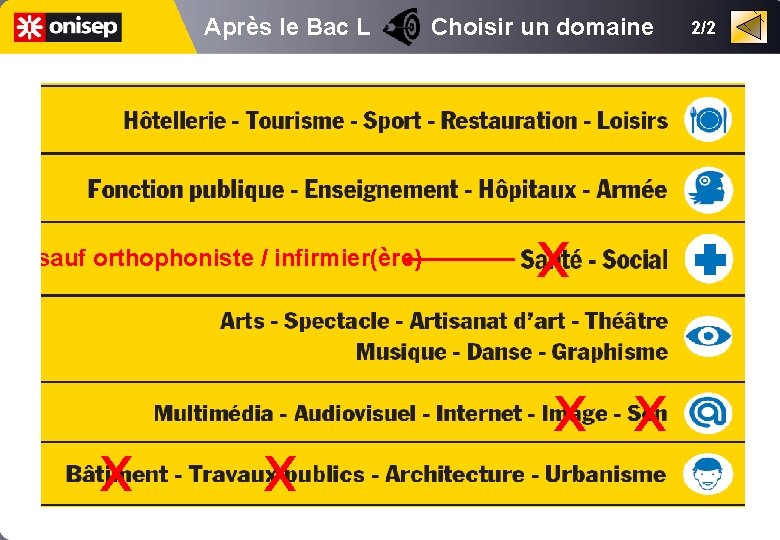 Après le Bac L Choisir un domaine sauf orthophoniste / infirmier(ère) x x x