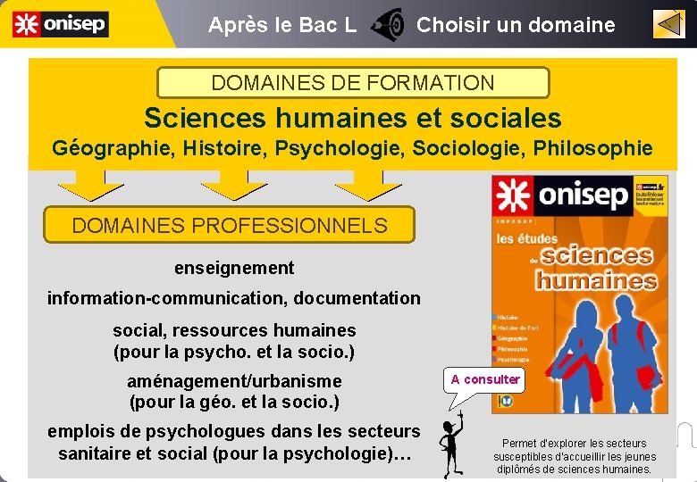 Après le Bac L Choisir un domaine DOMAINES DE FORMATION Sciences humaines et sociales