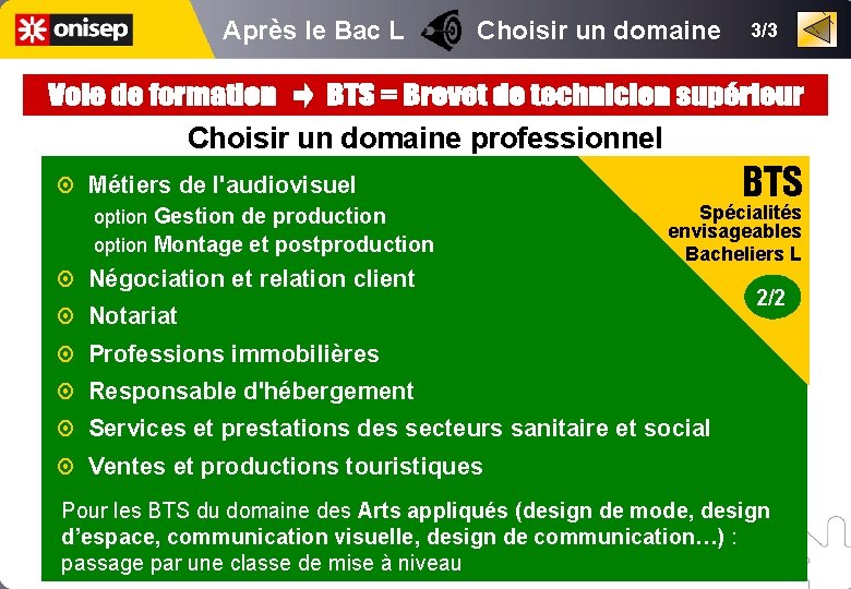 Après le Bac L Choisir un domaine 3/3 Choisir un domaine professionnel Métiers de