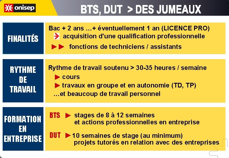 FINALITÉS RYTHME DE TRAVAIL Bac + 2 ans …+ éventuellement 1 an (LICENCE PRO)