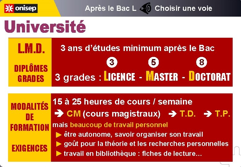 Après le Bac L Choisir une voie L. M. D. 3 ans d’études minimum