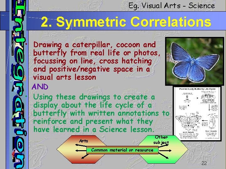 Eg. Visual Arts - Science 2. Symmetric Correlations • Drawing a caterpillar, cocoon and