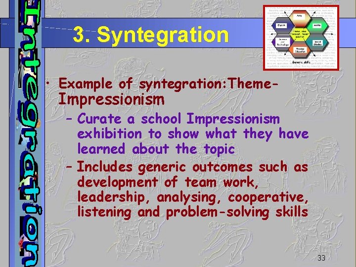 3. Syntegration • Example of syntegration: Theme- Impressionism – Curate a school Impressionism exhibition