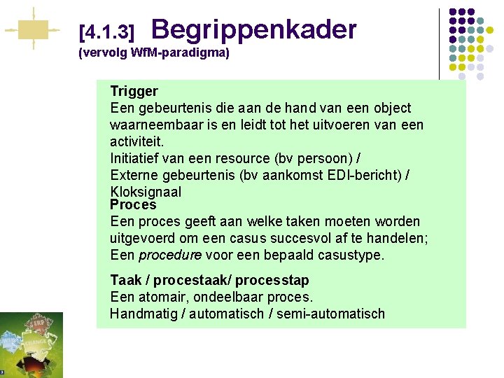 [4. 1. 3] Begrippenkader (vervolg Wf. M-paradigma) Trigger Een gebeurtenis die aan de hand
