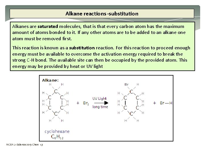 Alkane reactions -substitution Alkanes are saturated molecules, that is that every carbon atom has