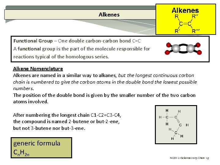 Alkenes Functional Group – One double carbon-carbon bond C=C A functional group is the