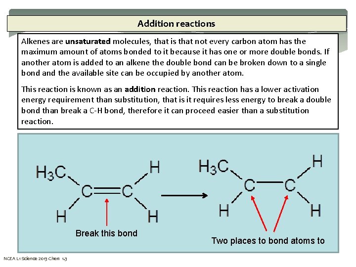 Addition reactions Alkenes are unsaturated molecules, that is that not every carbon atom has