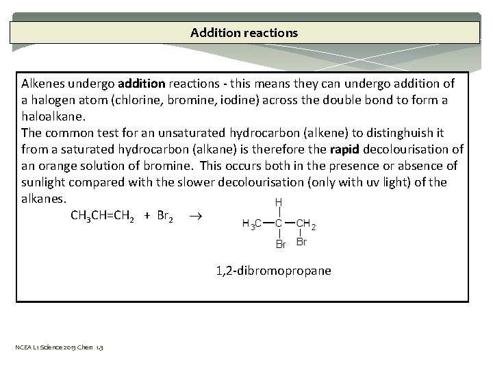 Addition reactions Alkenes undergo addition reactions - this means they can undergo addition of