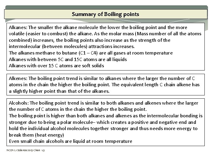 Summary of Boiling points Alkanes: The smaller the alkane molecule the lower the boiling