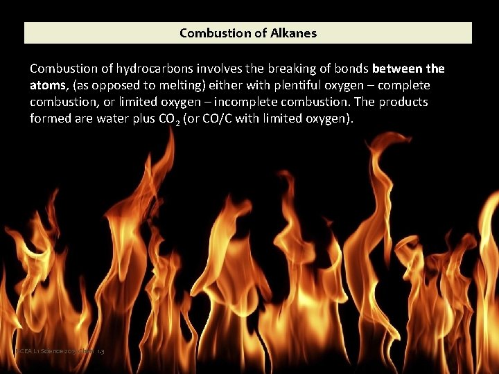 Combustion of Alkanes Combustion of hydrocarbons involves the breaking of bonds between the atoms,