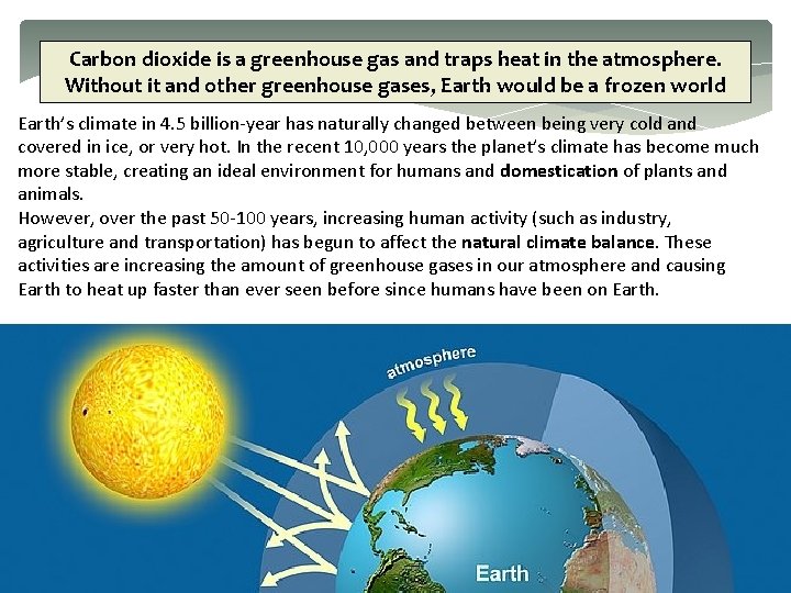 Carbon dioxide is a greenhouse gas and traps heat in the atmosphere. Without it
