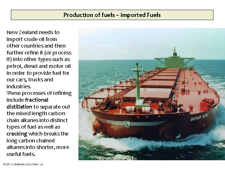 Production of fuels – imported Fuels New Zealand needs to import crude oil from