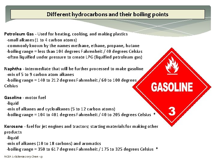 Different hydrocarbons and their boiling points Petroleum Gas - Used for heating, cooking, and
