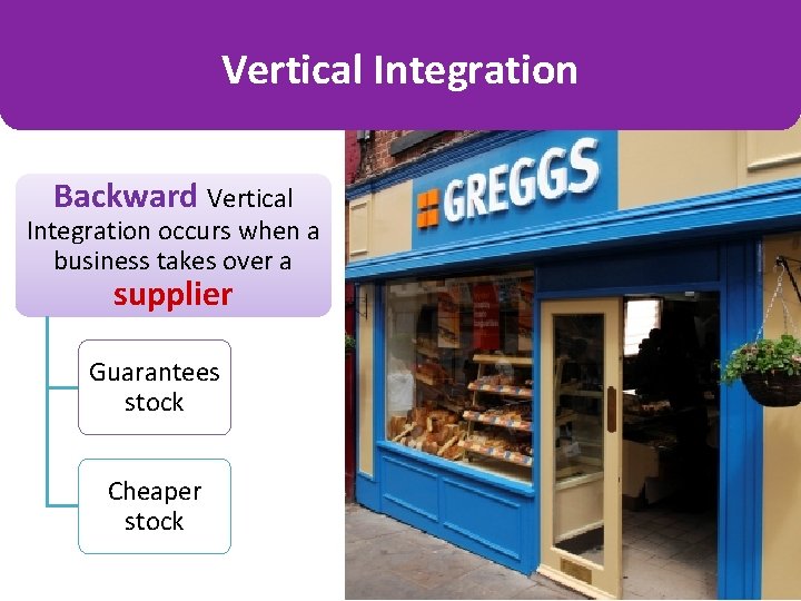 Vertical Integration Backward Vertical Integration occurs when a business takes over a supplier Guarantees