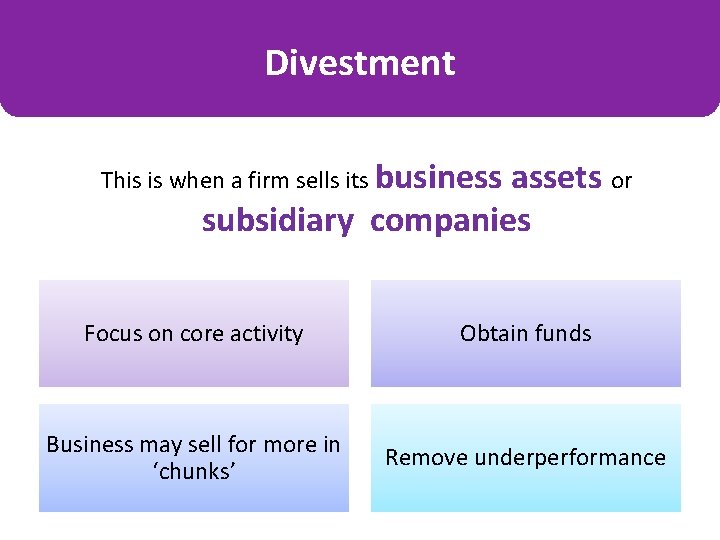 Divestment This is when a firm sells its business assets or subsidiary companies Focus