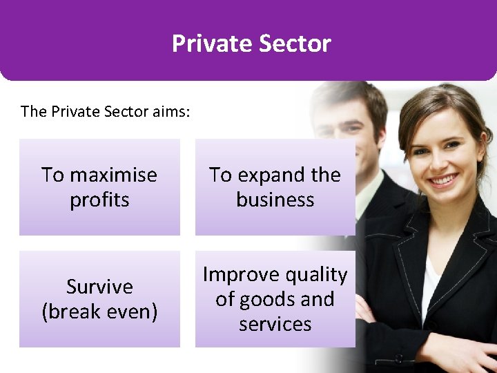 Private Sector The Private Sector aims: To maximise profits To expand the business Survive