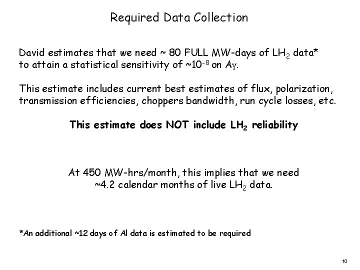 Required Data Collection David estimates that we need ~ 80 FULL MW-days of LH