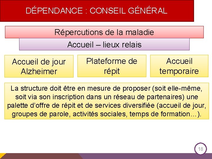  DÉPENDANCE : CONSEIL GÉNÉRAL Répercutions de la maladie Accueil – lieux relais Accueil