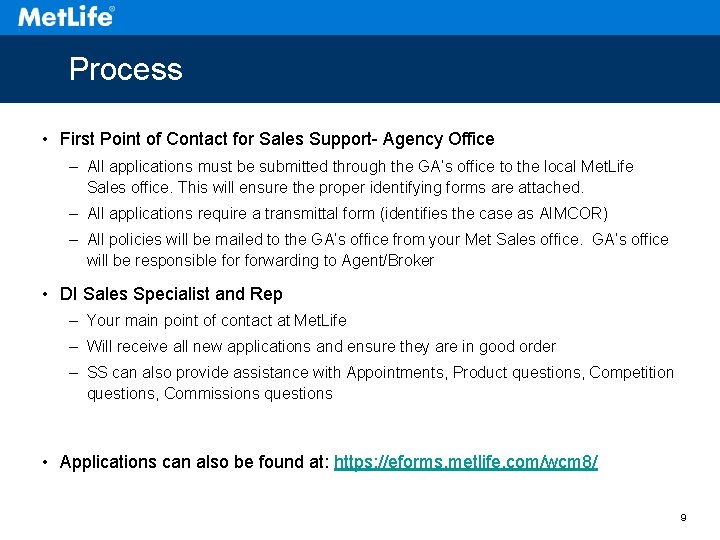 Process • First Point of Contact for Sales Support- Agency Office – All applications