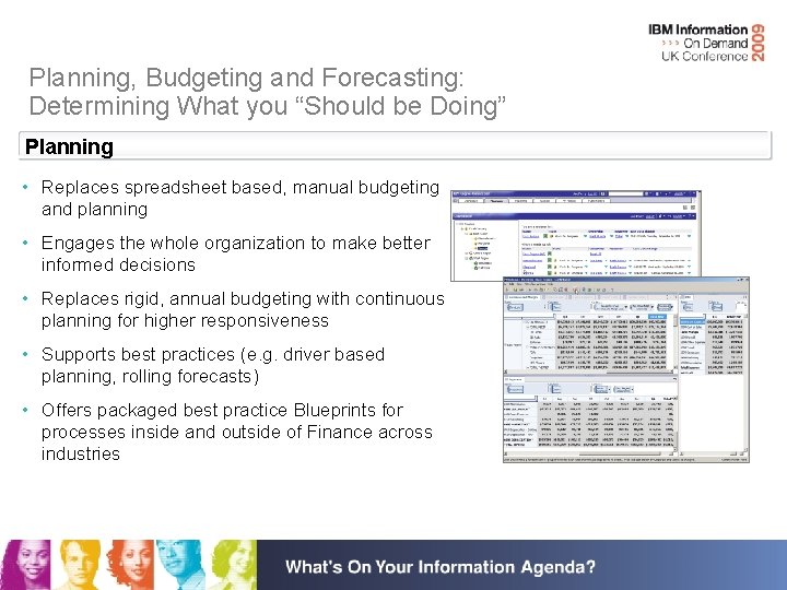 Planning, Budgeting and Forecasting: Determining What you “Should be Doing” Planning • Replaces spreadsheet