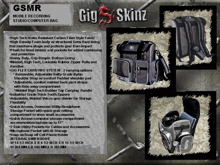 GSMR MOBILE RECORDING STUDIO/COMPUTER BAG • High Tech Water Resistant Carbon Fiber Style Fabric