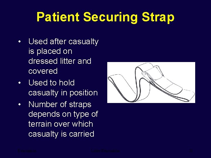 Patient Securing Strap • Used after casualty is placed on dressed litter and covered