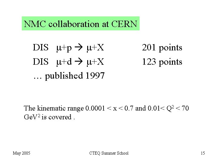 NMC collaboration at CERN DIS m+p m+X DIS m+d m+X … published 1997 201
