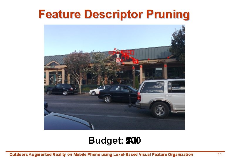 Feature Descriptor Pruning Budget: 500 100 200 All Outdoors Augmented Reality on Mobile Phone