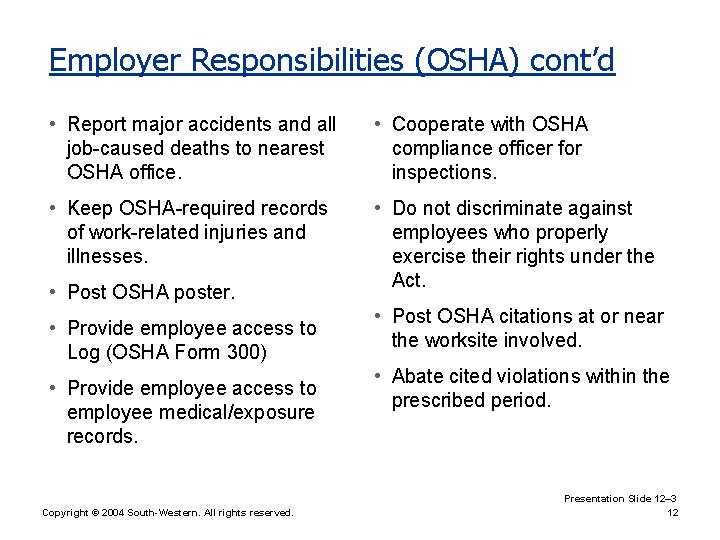 Employer Responsibilities (OSHA) cont’d • Report major accidents and all job-caused deaths to nearest
